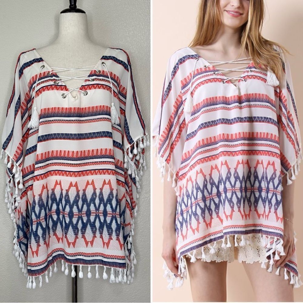 Grace & Lace Boho Pastel Stripes Tassels Poncho